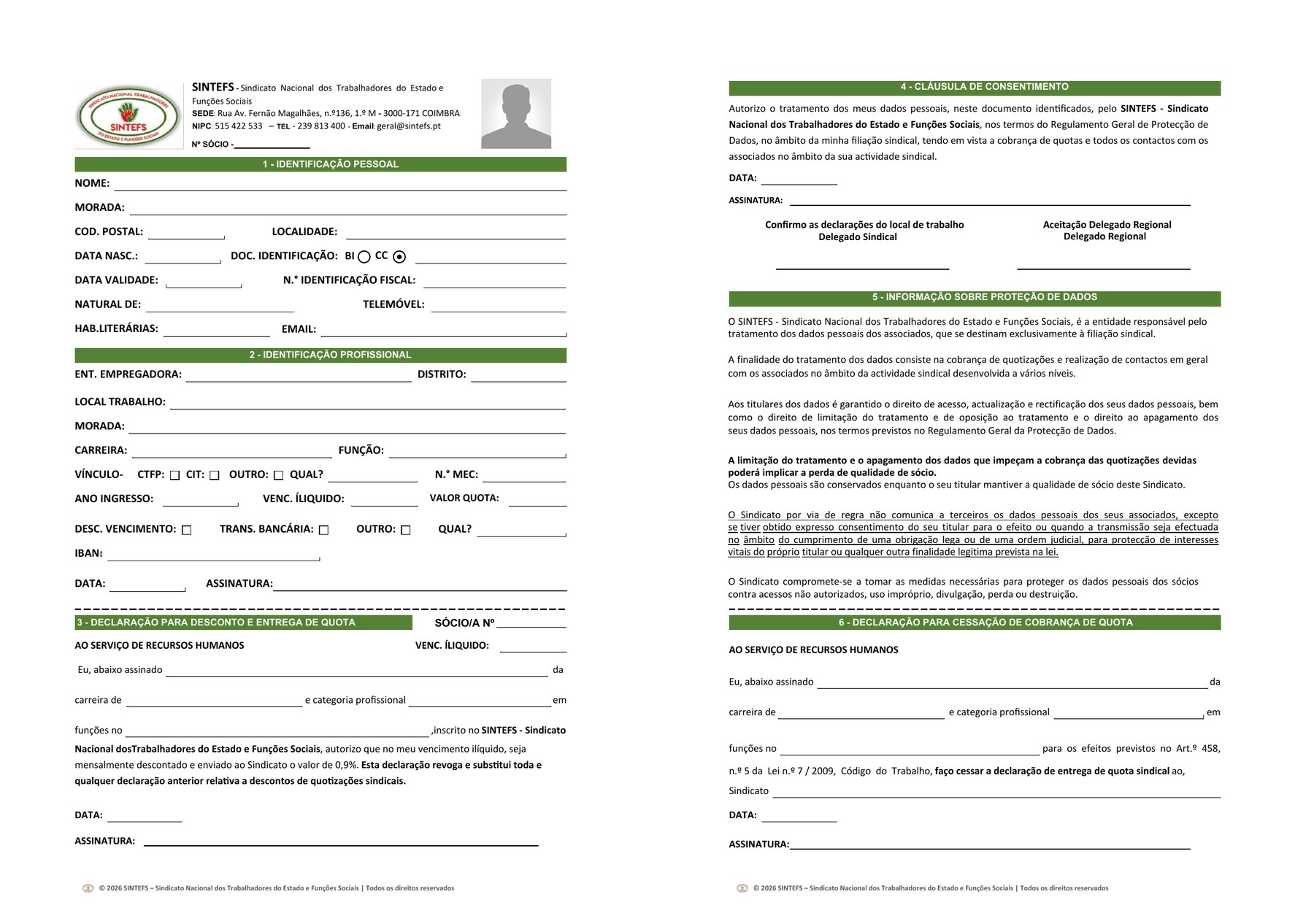 Pré-visualização da ficha de inscrição SINTEFS